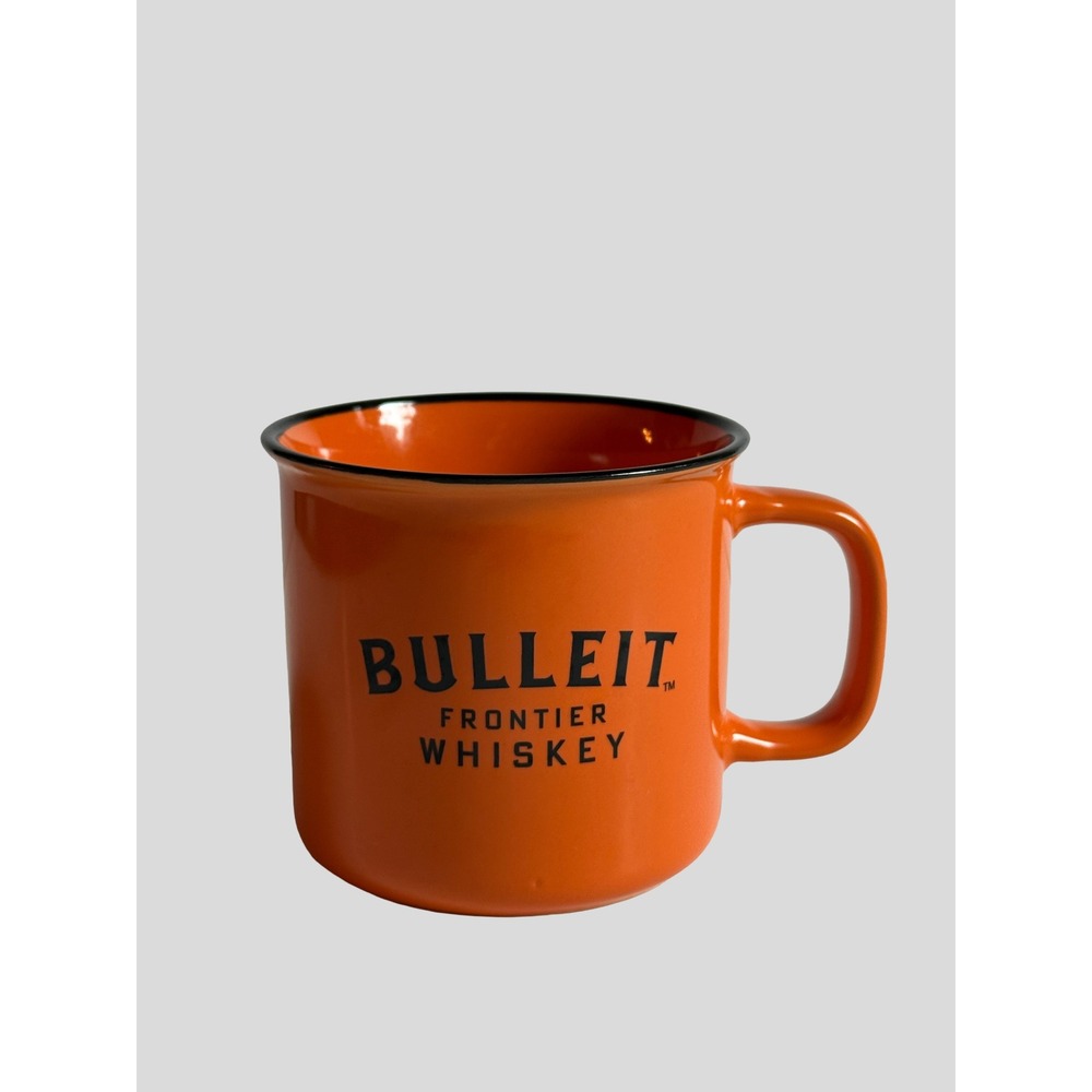 Bulleit Frontier Whiskey Mug Orange Ceramic Campfire Coffee Cup Black Rim